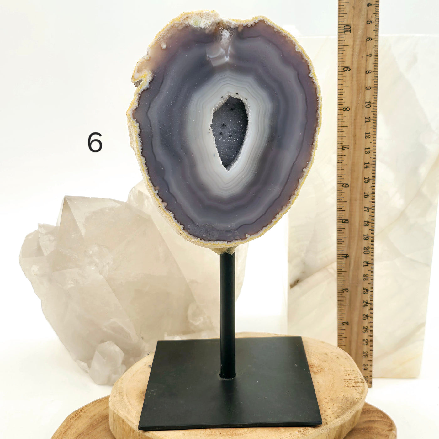 Agate Natural Crystal Geode Half on Stand - You Choose #1 variant 6 labeled with ruler for size reference