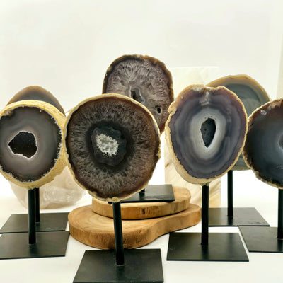 Agate Natural Crystal Geode Half on Stand - You Choose #1 all variants with props in the background