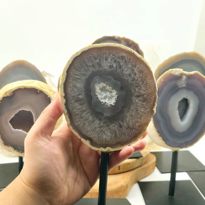 Agate Natural Crystal Geode Half on Stand - You Choose #1 variant 4 in hand for size reference with others in the background