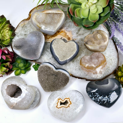 Agate Druzy Crystal Heart YOU CHOOSE #2 all variants with stone platter and plants in the background