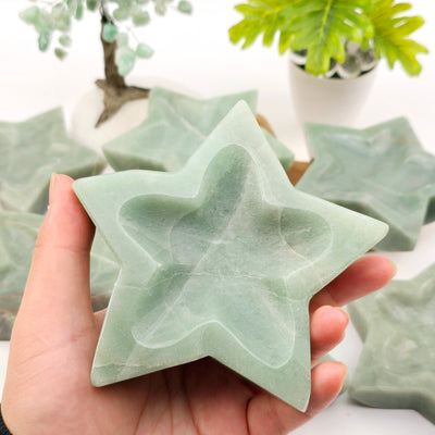 Green Aventurine Crystal Star Dish - You Choose one in hand for size reference with others in the background with props and plants