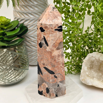 Black Tourmaline and Feldspar Polished Crystal Point - One-of-a-Kind side view