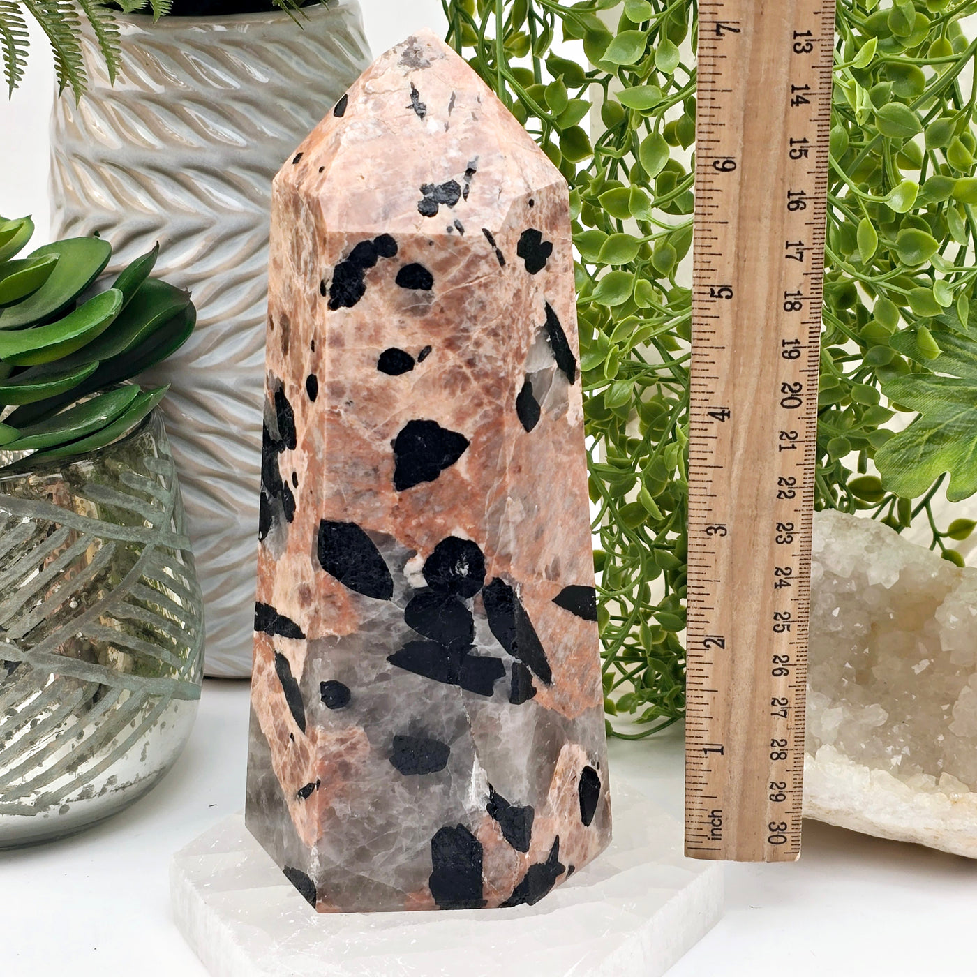 Black Tourmaline and Feldspar Polished Crystal Point - One-of-a-Kind with ruler for size reference