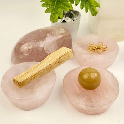 Rose Quartz Polished Crystal Dish - Shallow Stone Bowl - You Choose #1 three shown being used to store items