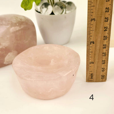 Rose Quartz Polished Crystal Dish - Shallow Stone Bowl - You Choose #1 variant 4 labeled with ruler for size reference