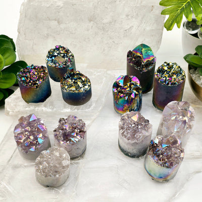Amethyst Crystal Cluster Cylinder - Titanium Coated or Angel Aura - By Weight - You Choose Finish all four variants with props and plants in the background