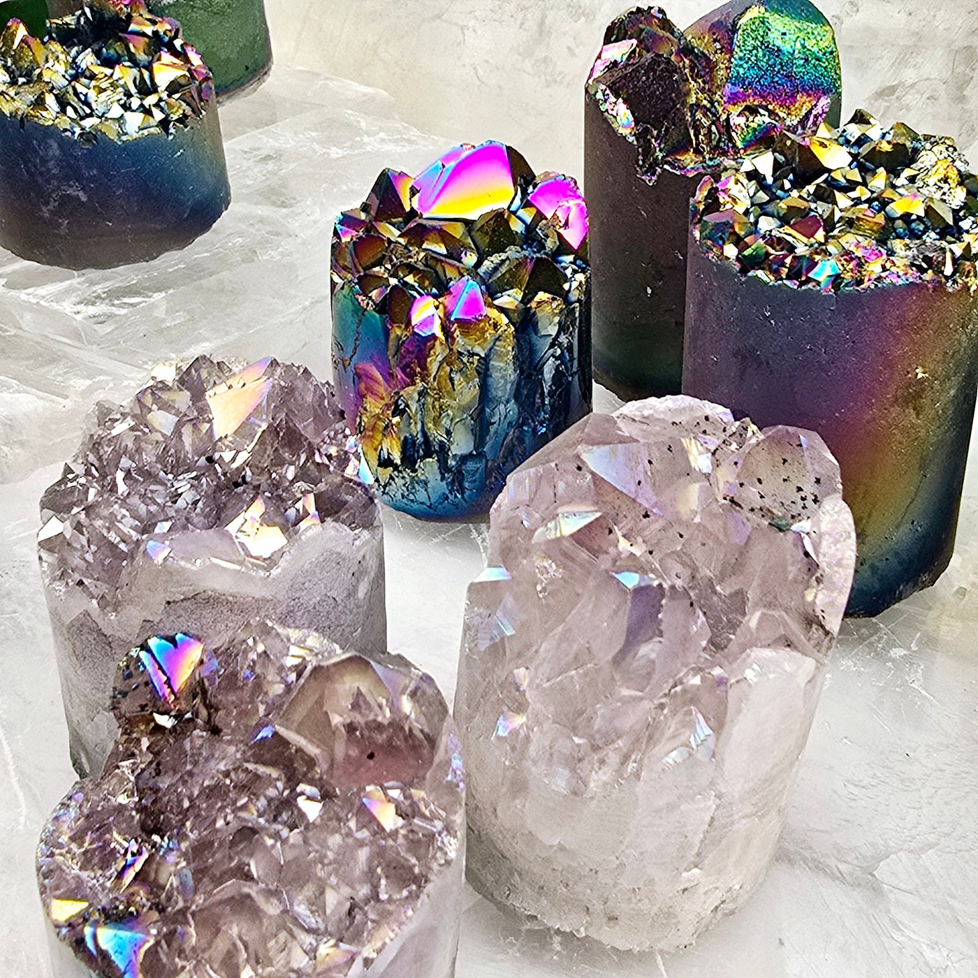 Amethyst Crystal Cluster Cylinder - Titanium Coated or Angel Aura - By Weight - You Choose Finish closeup for detail