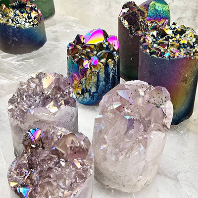 Amethyst Crystal Cluster Cylinder - Titanium Coated or Angel Aura - By Weight - You Choose Finish closeup for detail