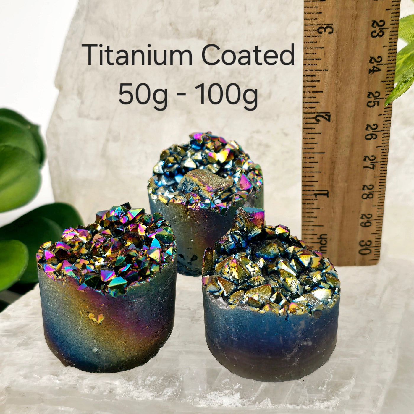 Amethyst Crystal Cluster Cylinder - Titanium Coated or Angel Aura - By Weight - You Choose Finish titanium coated 50g - 100g variant labeled with ruler for size reference