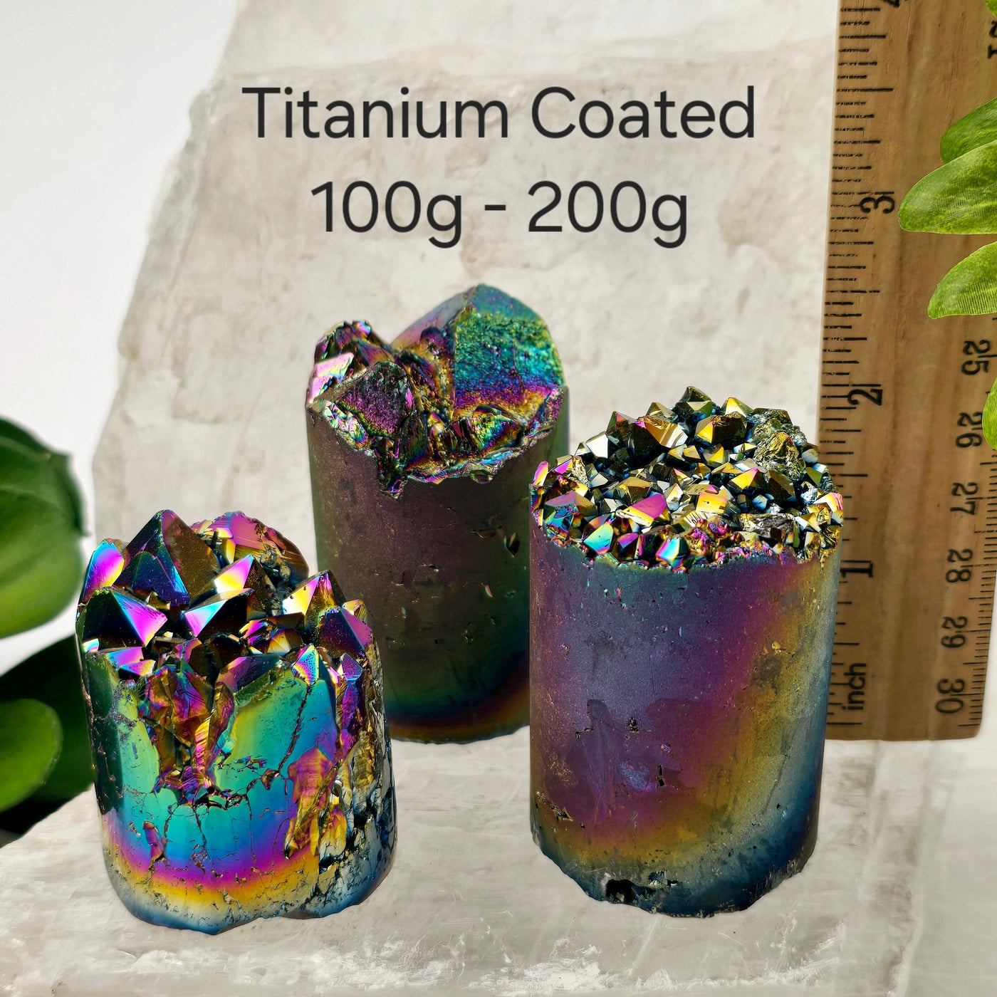 Amethyst Crystal Cluster Cylinder - Titanium Coated or Angel Aura - By Weight - You Choose Finish titanium coated 100g - 200g variant labeled with ruler for size reference
