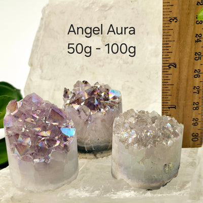 Amethyst Crystal Cluster Cylinder - Titanium Coated or Angel Aura - By Weight - You Choose Finish angel aura 50g - 100g variant labeled with ruler for size reference