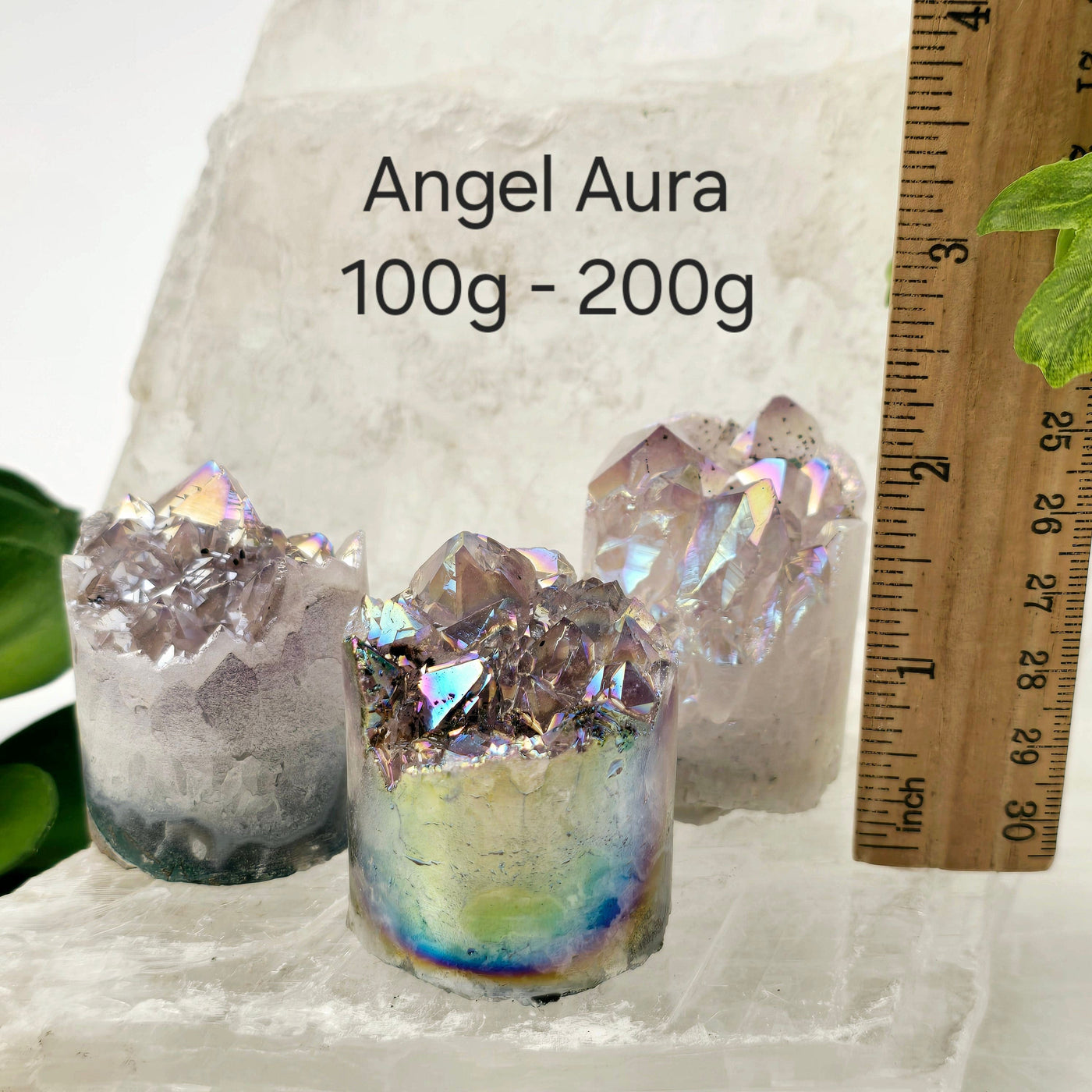 Amethyst Crystal Cluster Cylinder - Titanium Coated or Angel Aura - By Weight - You Choose Finish angel aura 100g - 200g variant labeled with ruler for size reference