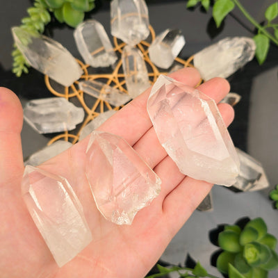 Crystal Quartz High Grade Points - By Weight all weight variants in hand for size reference with crystal grid in the background with plants