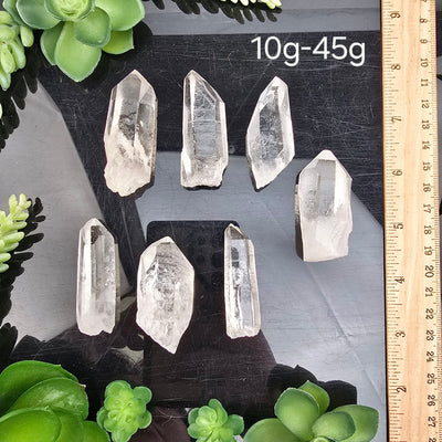 Crystal Quartz High Grade Points - By Weight weight 10g-45g variant labeled with ruler for size reference