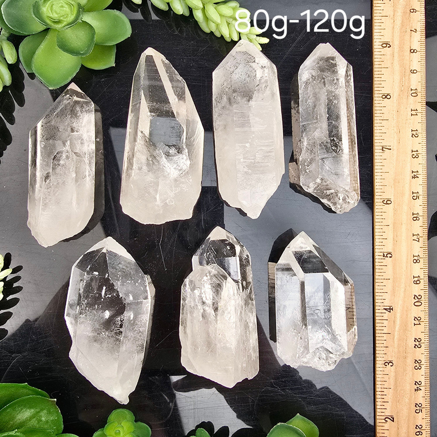 Crystal Quartz High Grade Points - By Weight 80g-120g weight variant labeled with ruler for size reference