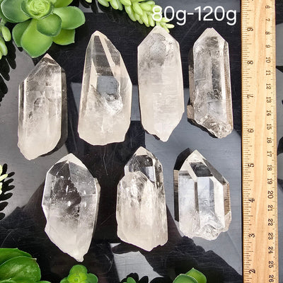 Crystal Quartz High Grade Points - By Weight 80g-120g weight variant labeled with ruler for size reference