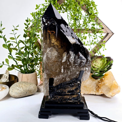 Natural Smokey Citrine Large Polished Crystal Point with Lamp on Stand - One-of-a-Kind #1 in bright lighting front view