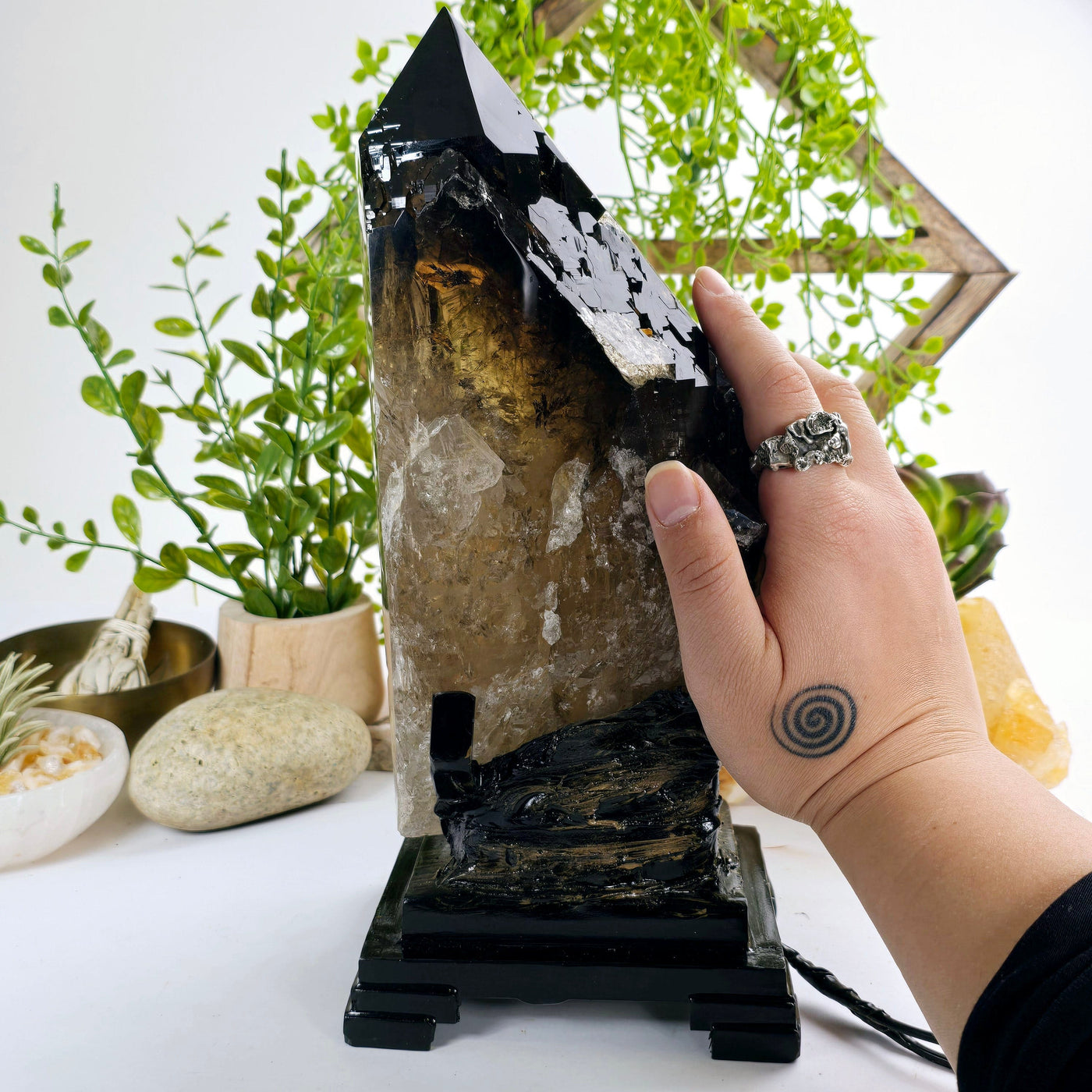 Natural Smokey Citrine Large Polished Crystal Point with Lamp on Stand - One-of-a-Kind #1 with hand for size reference