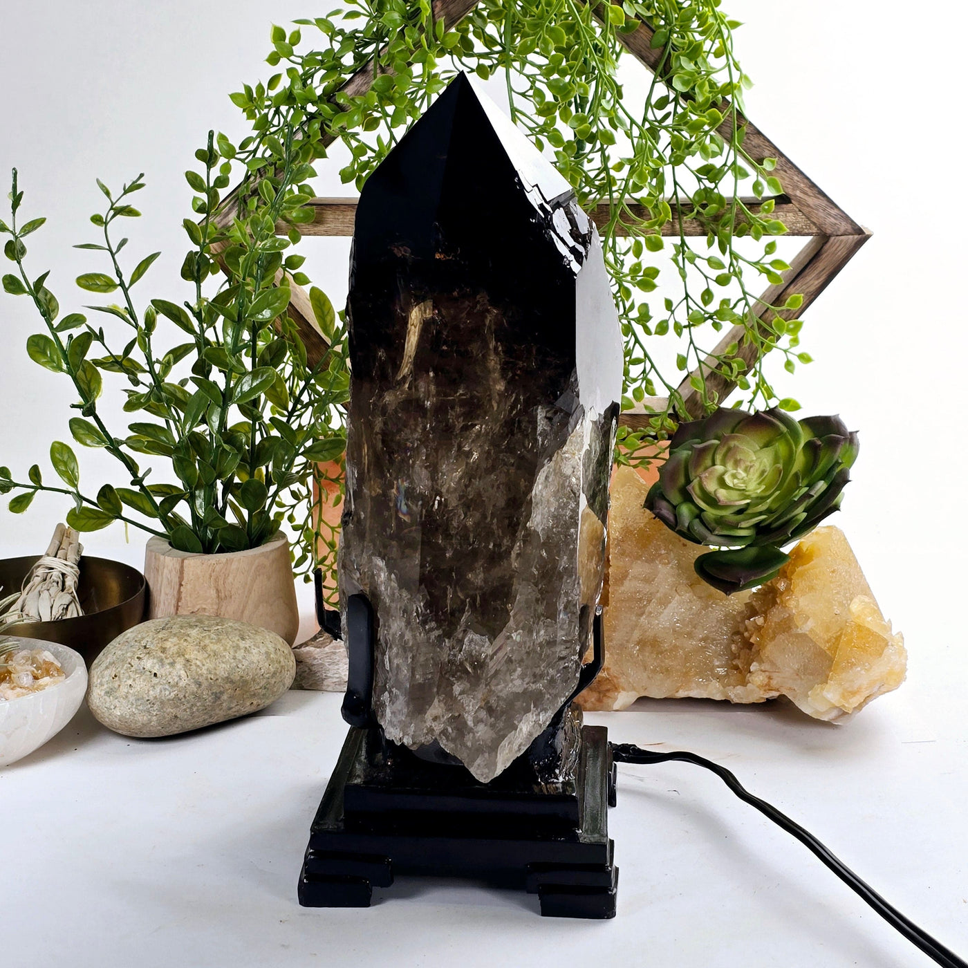 Natural Smokey Citrine Large Polished Crystal Point with Lamp on Stand - One-of-a-Kind #1 bright lighting side view