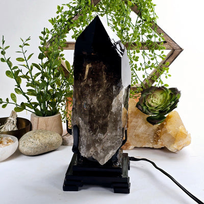 Natural Smokey Citrine Large Polished Crystal Point with Lamp on Stand - One-of-a-Kind #1 bright lighting side view