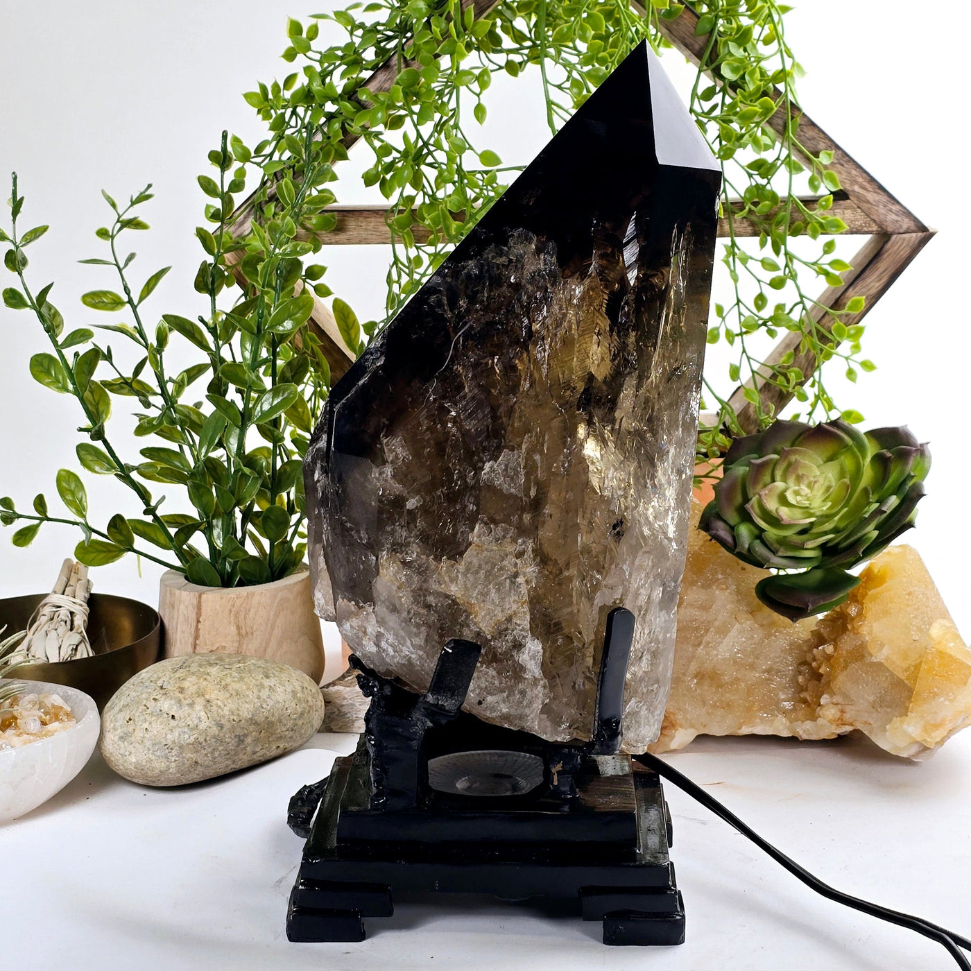 Natural Smokey Citrine Large Polished Crystal Point with Lamp on Stand - One-of-a-Kind #1 bright lighting back view
