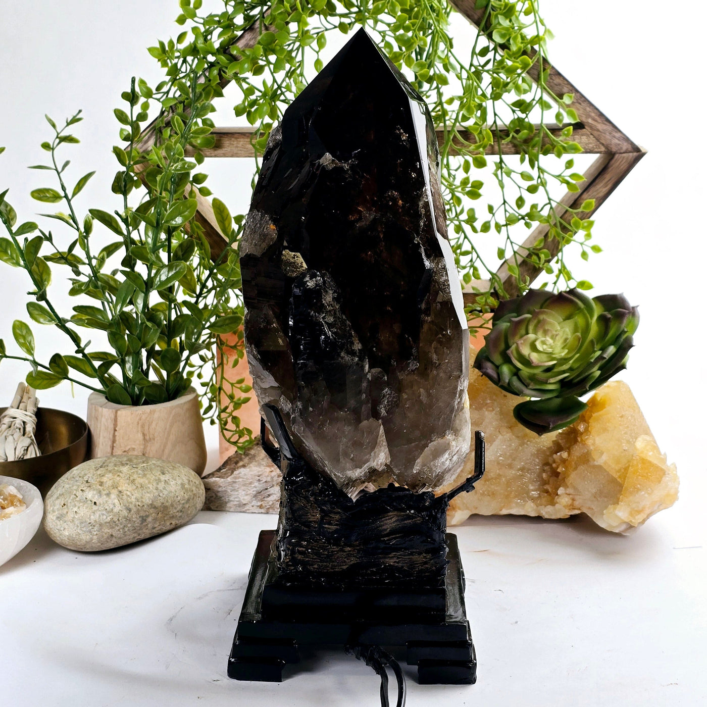 Natural Smokey Citrine Large Polished Crystal Point with Lamp on Stand - One-of-a-Kind #1 bright lighting side view