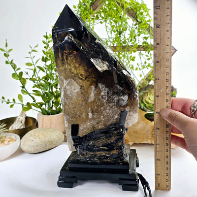 Natural Smokey Citrine Large Polished Crystal Point with Lamp on Stand - One-of-a-Kind #1 with ruler and hand for size reference