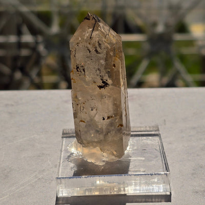 Natural Citrine Lemurian Crystal Point with Black Tourmaline on Acrylic Base - One-of-a-Kind side view