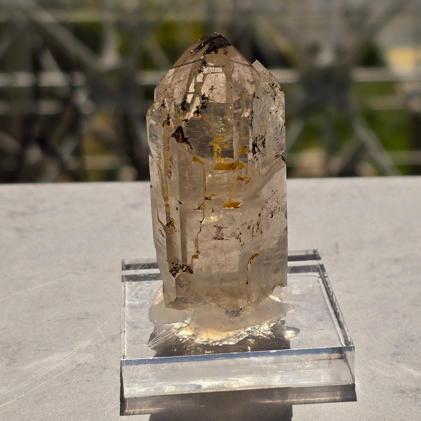 Natural Citrine Lemurian Crystal Point with Black Tourmaline on Acrylic Base - One-of-a-Kind back view