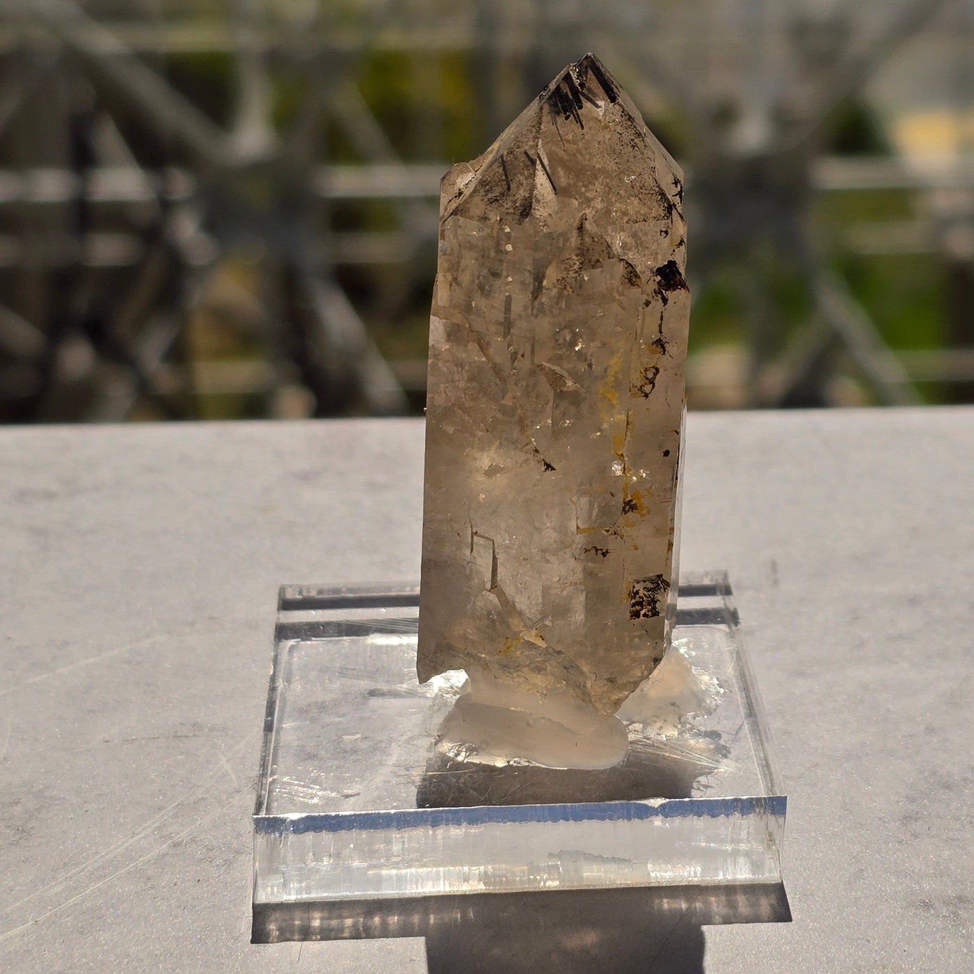Natural Citrine Lemurian Crystal Point with Black Tourmaline on Acrylic Base - One-of-a-Kind side view