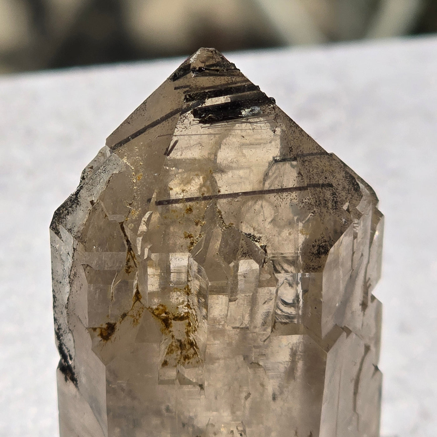 Natural Citrine Lemurian Crystal Point with Black Tourmaline on Acrylic Base - One-of-a-Kind closeup for detail