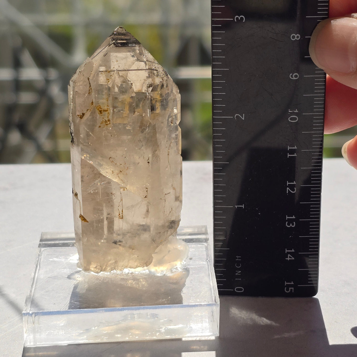 Natural Citrine Lemurian Crystal Point with Black Tourmaline on Acrylic Base - One-of-a-Kind front view with ruler for size reference