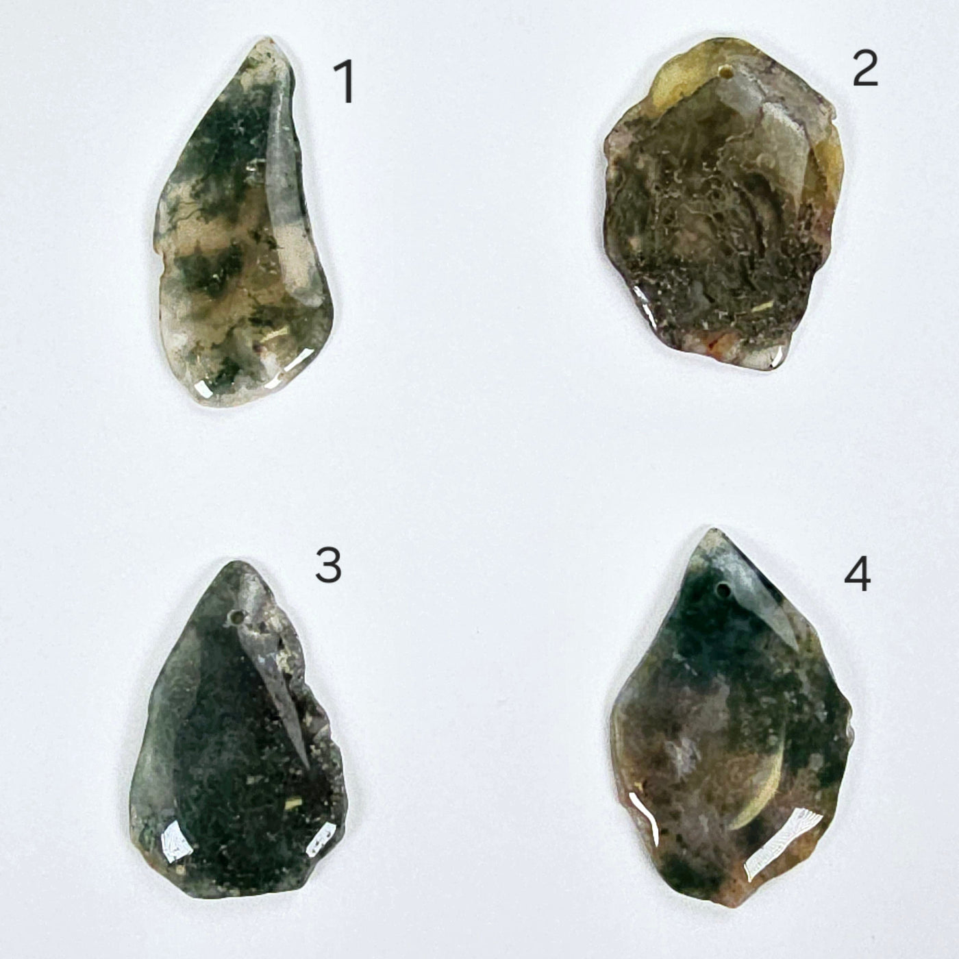Moss Agate Freeform Crystal Pendant - Top Front Drilled - You Choose #2 variants 1, 2, 3, and 4 labeled