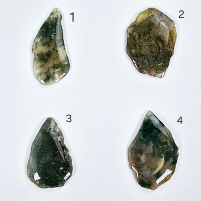 Moss Agate Freeform Crystal Pendant - Top Front Drilled - You Choose #2 variants 1, 2, 3, and 4 labeled