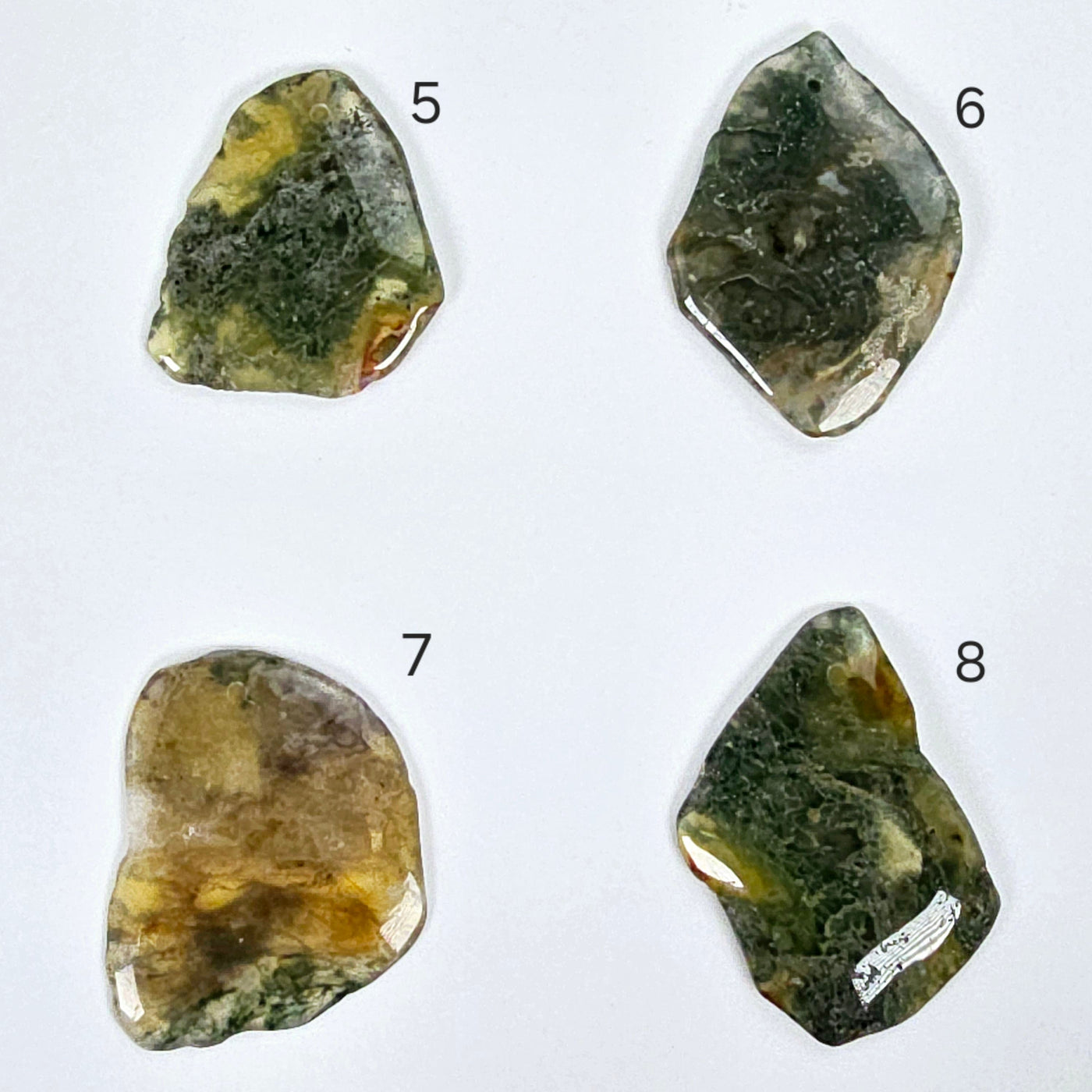 Moss Agate Freeform Crystal Pendant - Top Front Drilled - You Choose #2 variants 5, 6, 7, and 8 labeled