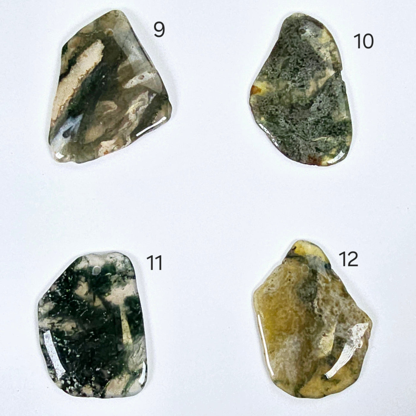 Moss Agate Freeform Crystal Pendant - Top Front Drilled - You Choose #2 variants 9, 10, 11, and 12 labeled