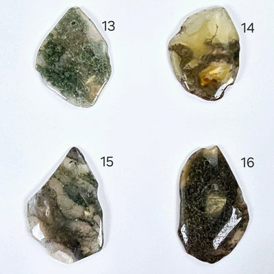 Moss Agate Freeform Crystal Pendant - Top Front Drilled - You Choose #2 variants 13, 14, 15, and 16 labeled