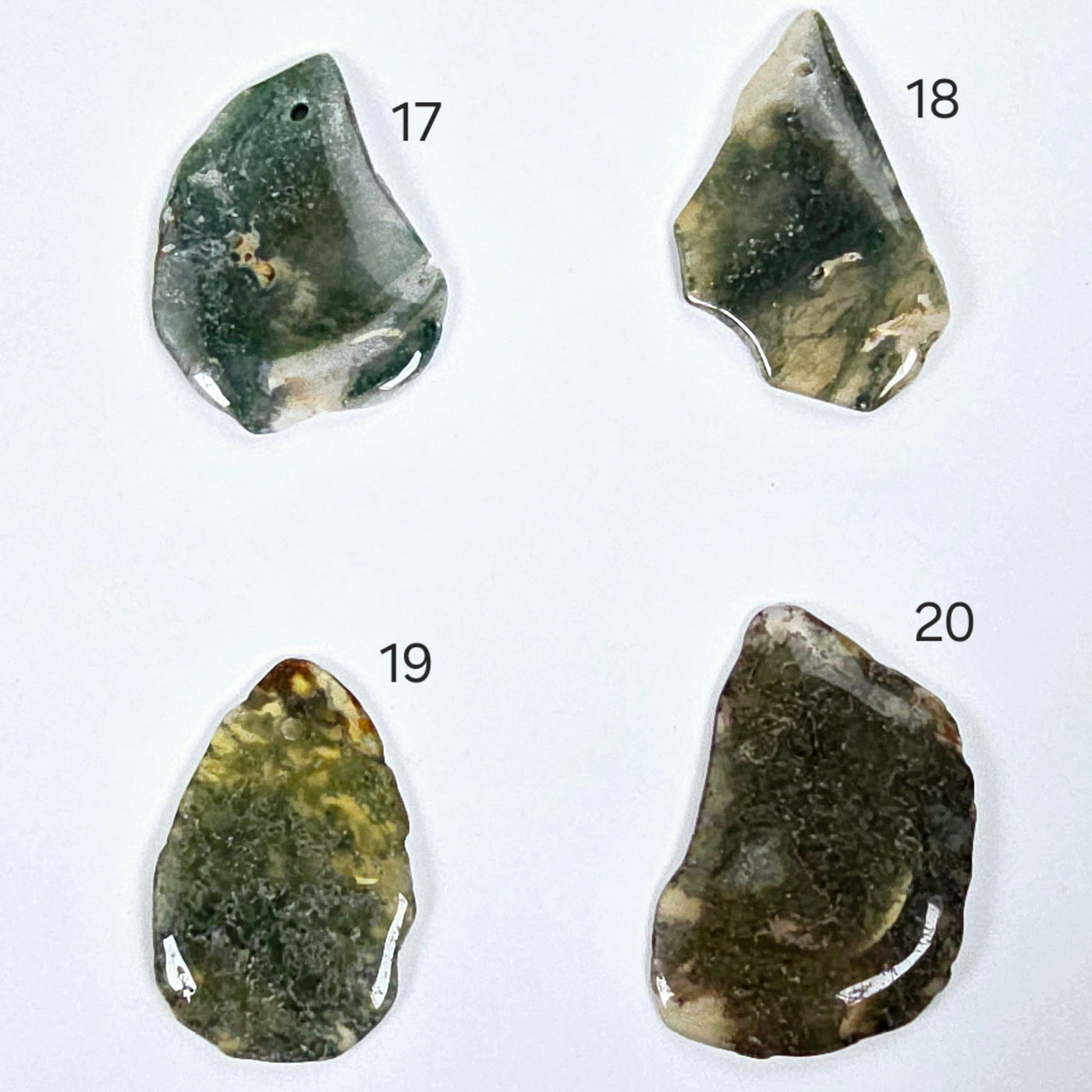 Moss Agate Freeform Crystal Pendant - Top Front Drilled - You Choose #2 variants 17, 18, 19, and 20 labeled