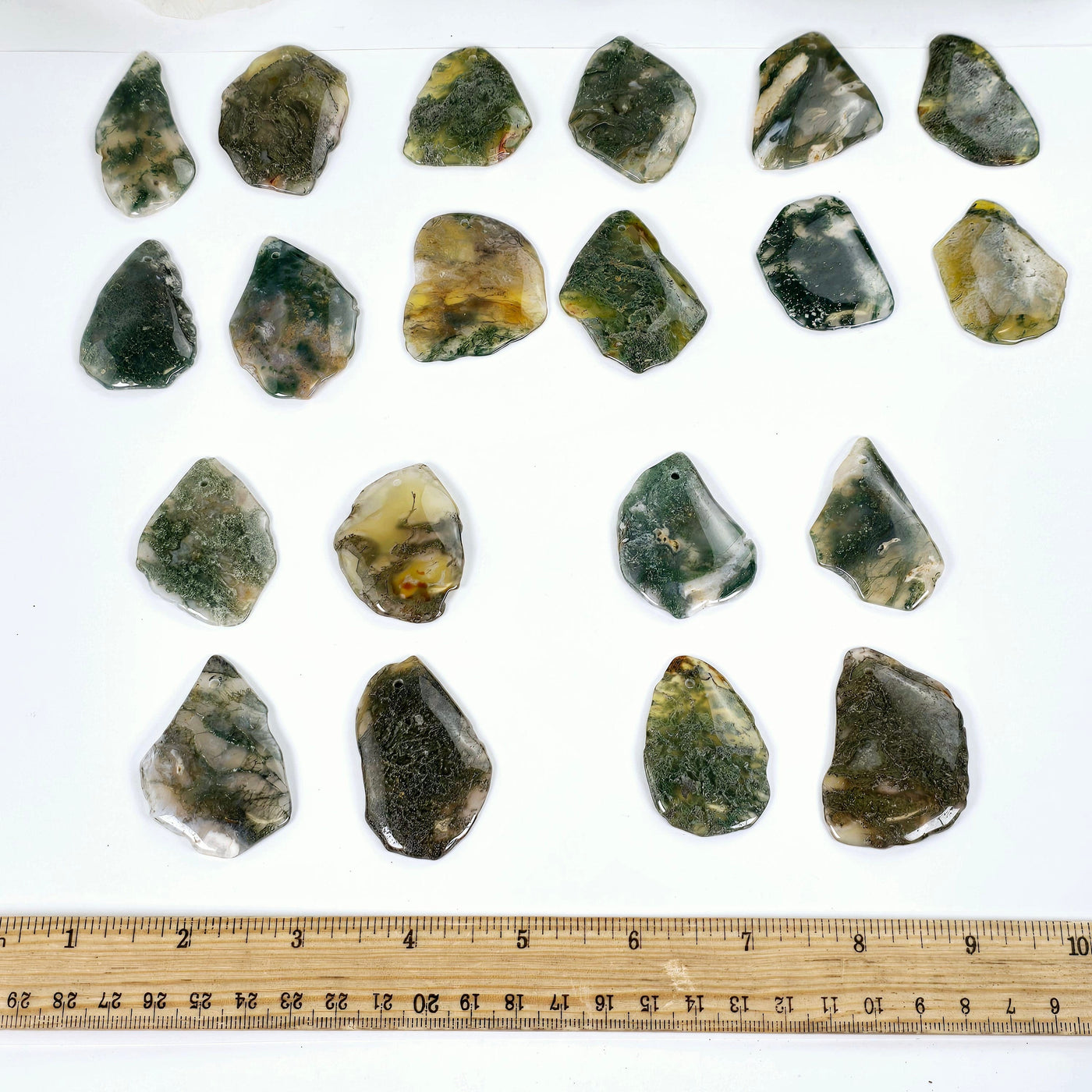 Moss Agate Freeform Crystal Pendant - Top Front Drilled - You Choose #2 variants 1, 2, 3, and 4 labeled all variants with ruler for size reference