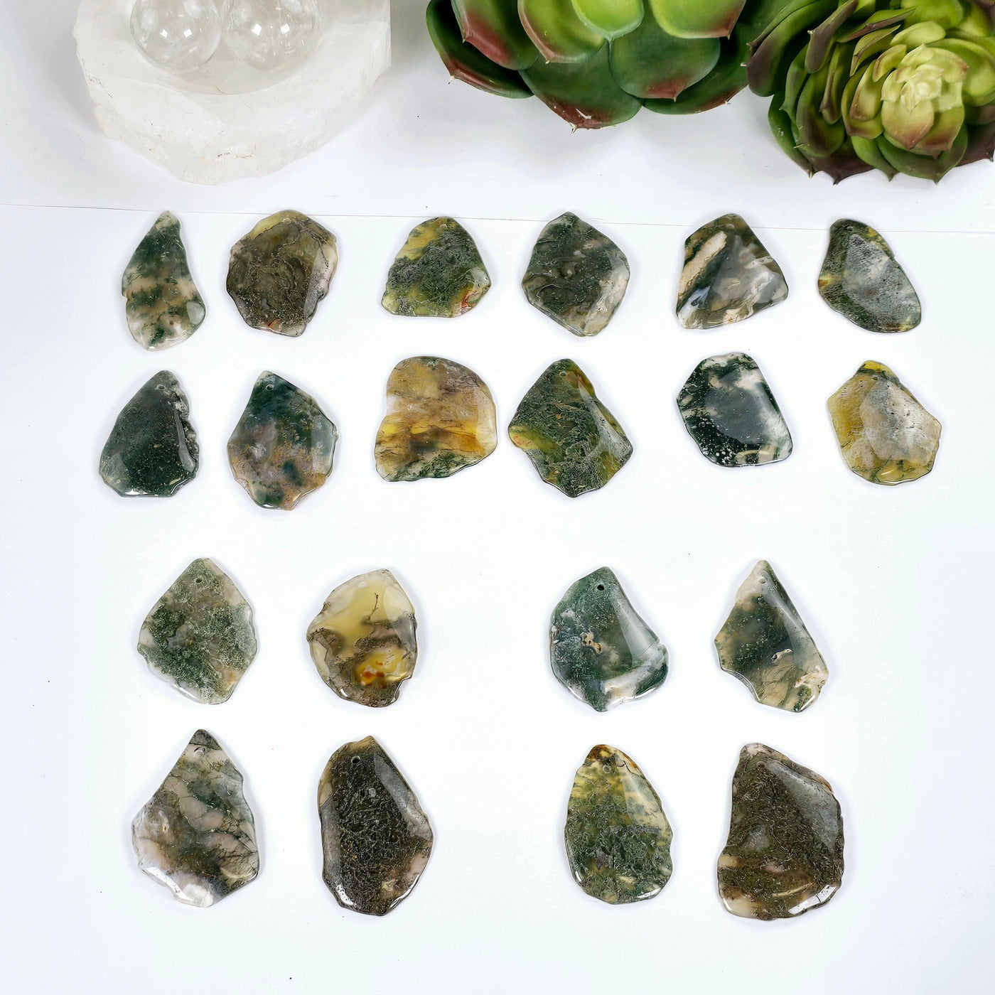 Moss Agate Freeform Crystal Pendant - Top Front Drilled - You Choose #2 all variants top view