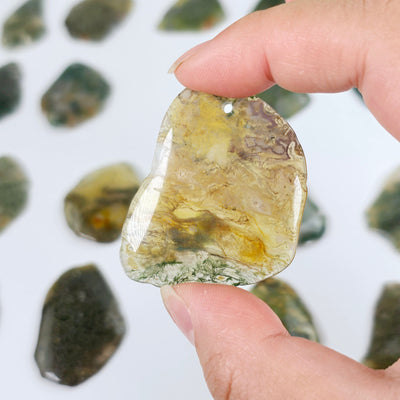 Moss Agate Freeform Crystal Pendant - Top Front Drilled - You Choose #2 one variant in hand for size reference with other variants in the background