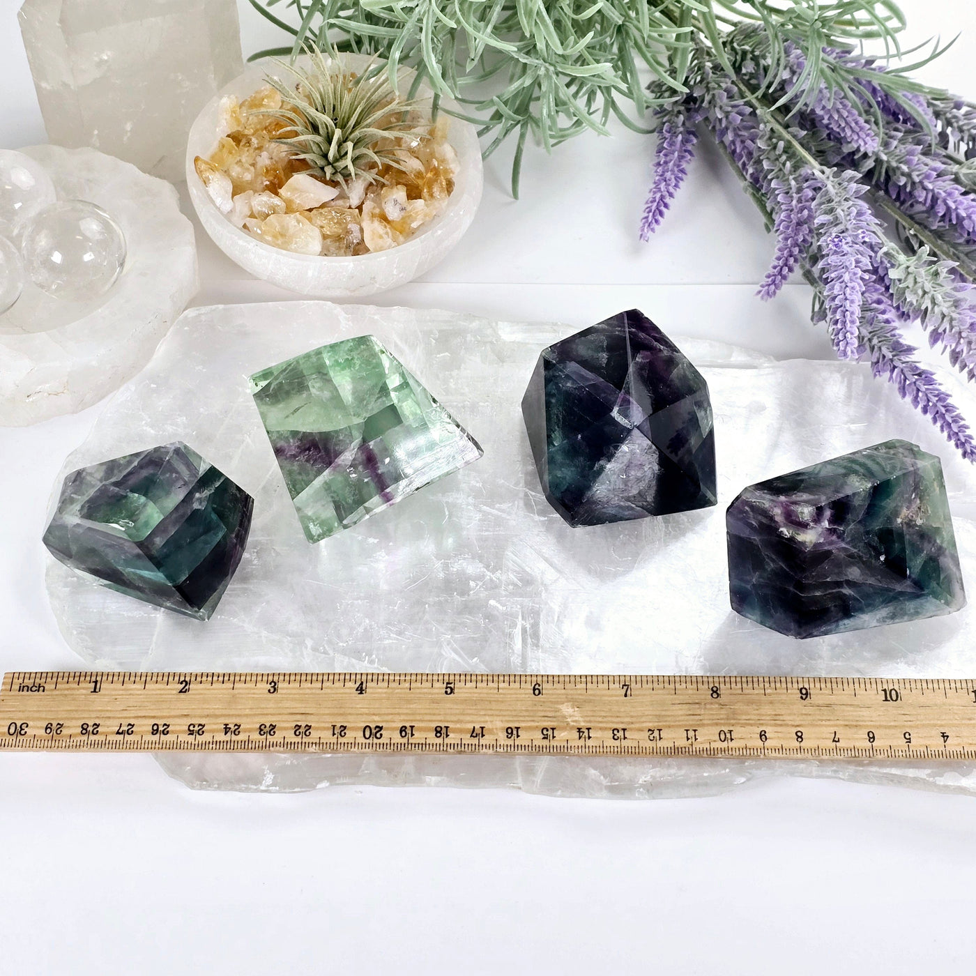 Rainbow Fluorite AA Grade Polished Crystal Freeform - You Choose all variants with ruler for size reference