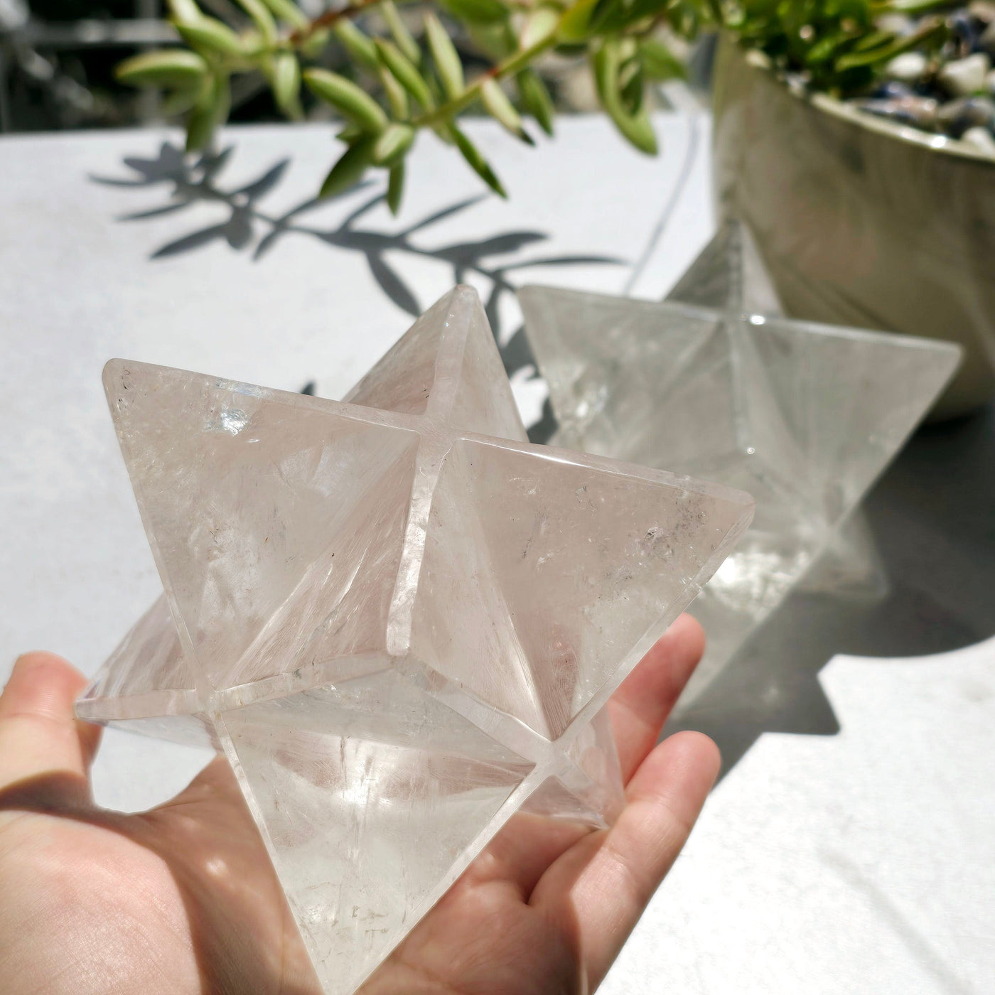 Crystal Quartz Merkabah Star - You Choose variant 1 in hand for size reference with other variant in background with plant in bright sunlight