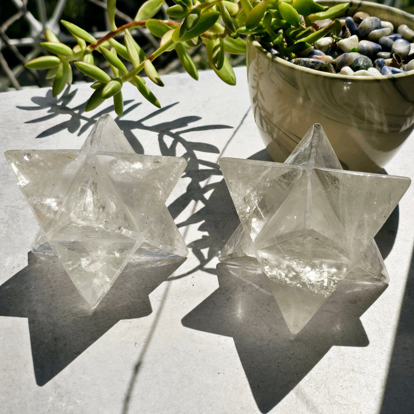 Crystal Quartz Merkabah Star - You Choose both variants in bright sunlight with plant