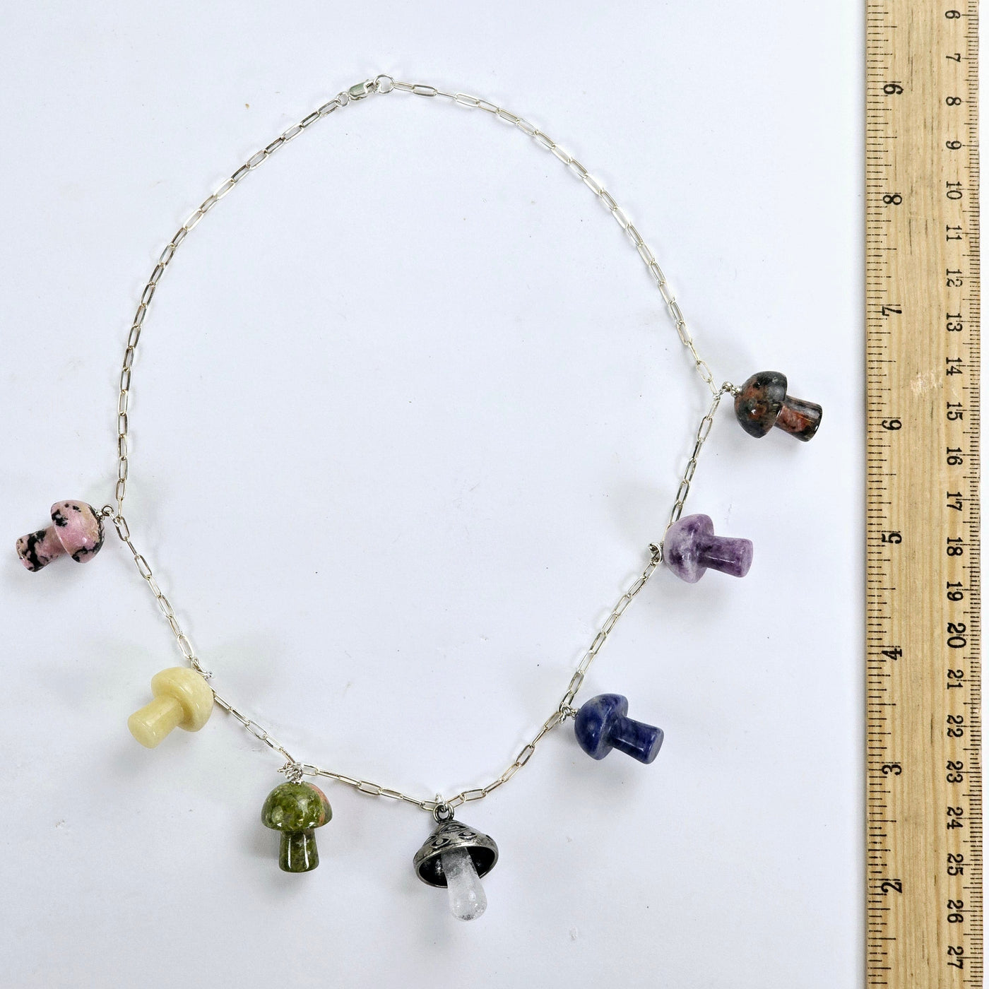 Crystal Mushroom Sterling Silver Evil Eye Charm Necklace - One-of-a-Kind - Handmade with ruler for size reference