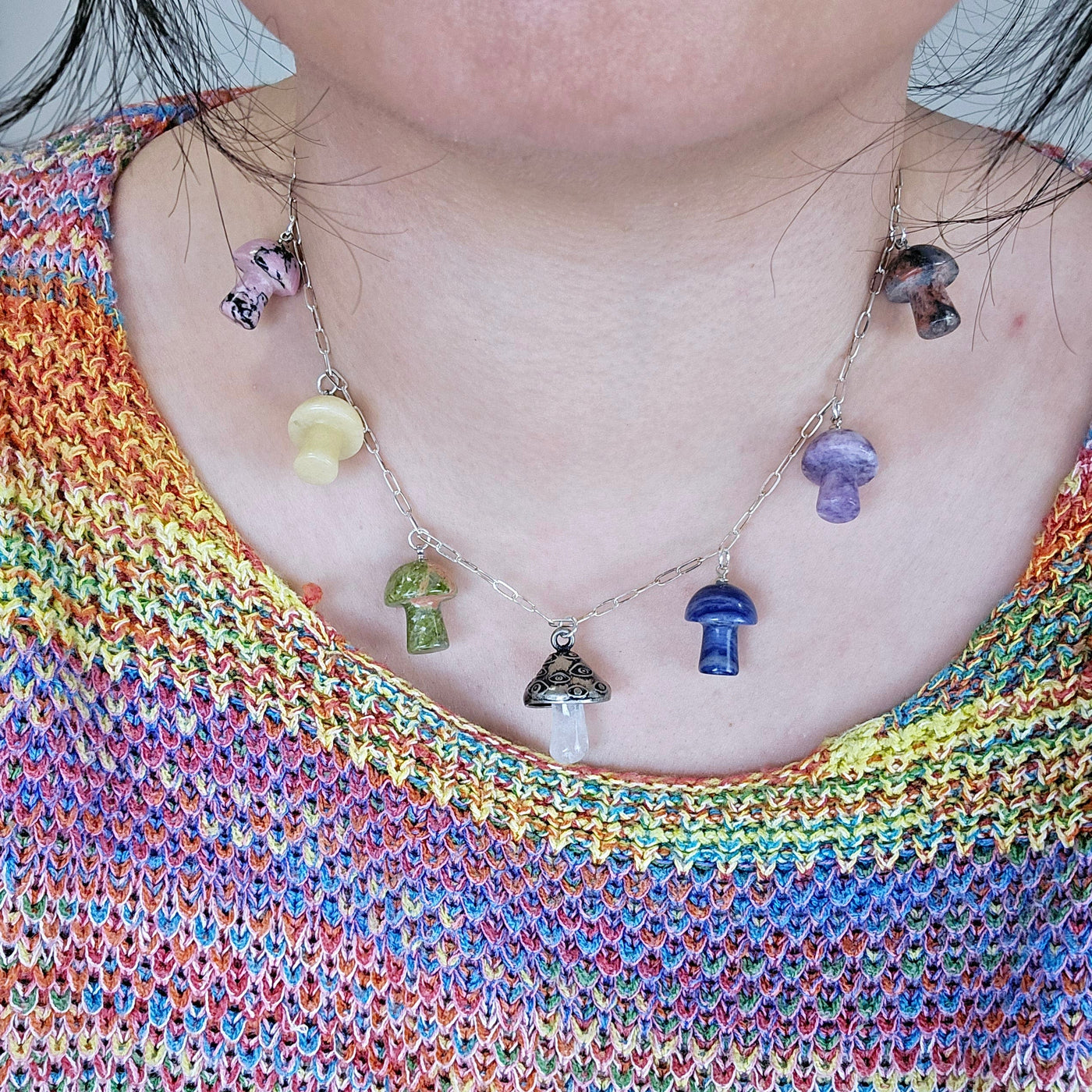 Crystal Mushroom Sterling Silver Evil Eye Charm Necklace - One-of-a-Kind - Handmade worn on person around neck