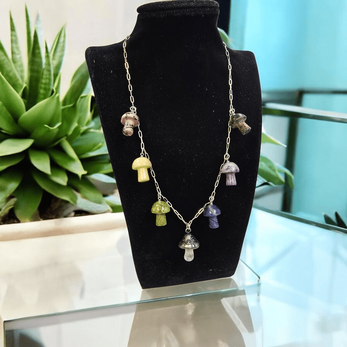 Crystal Mushroom Sterling Silver Evil Eye Charm Necklace - One-of-a-Kind - Handmade on necklace stand