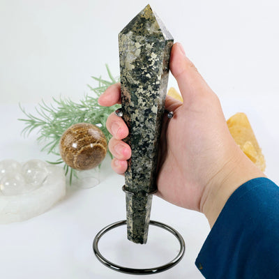 Pyrite Crystal Wand on Stand - One-of-a-Kind in hand for size reference