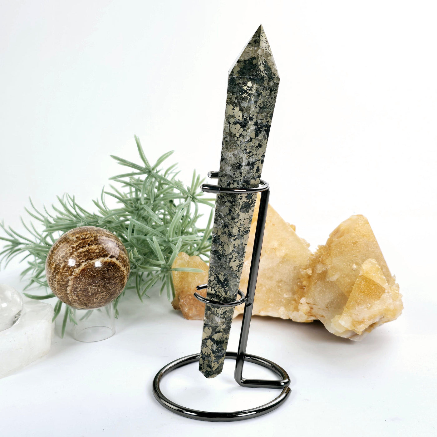 Pyrite Crystal Wand on Stand - One-of-a-Kind side view