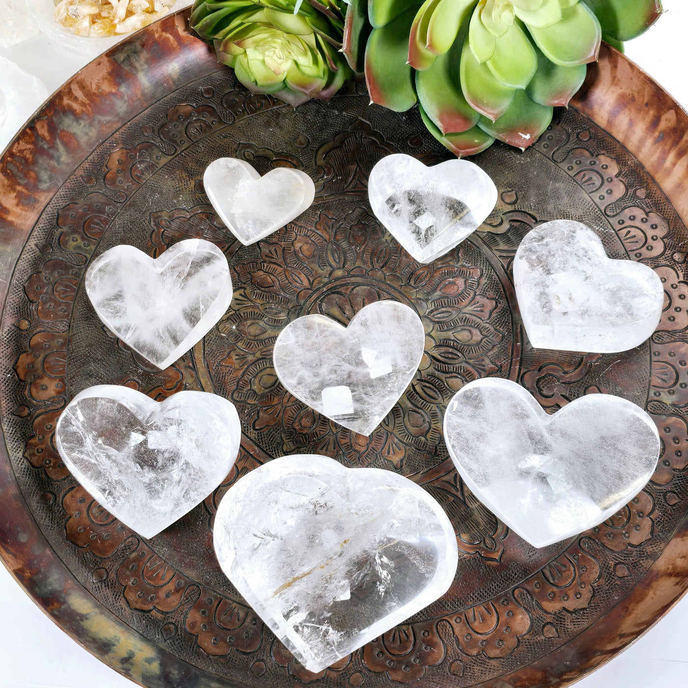 Crystal Quartz Polished Heart - You Choose #2 all variants on metal platter with props and plants
